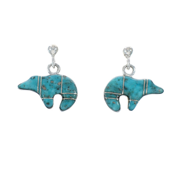 Turquoise Inlay Sterling Silver Bear Post Dangle Earrings AX129996